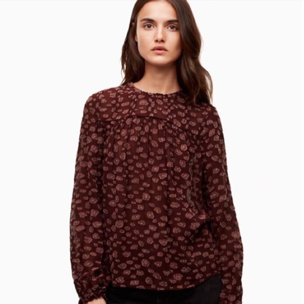 Aritzia Wilfred Lourdes Burgundy Dot Print Tie Long Sleeve Top Sz XS